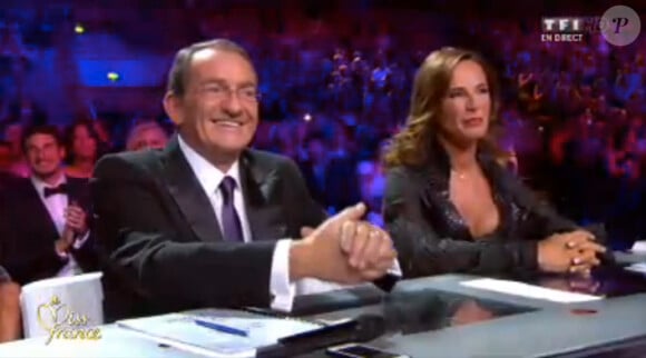 Jean-Pierre Pernaut et Nathalie Marquay jury de l'élection Miss France 2014 sur TF1, en direct de Dijon, le 7 décembre 2013