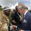 Le roi de la tribu Xhosa Zwelonke Sigcau rencontre le prince Charles lors des funérailles de Mandela à Qunu en Afrique du Sud le 15 décembre 2013.