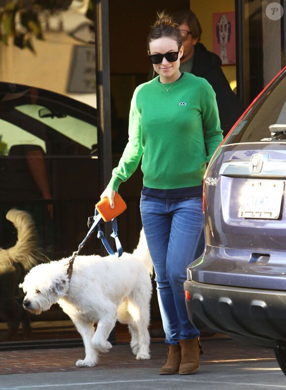 L'actrice Olivia Wilde, enceinte, dépose son chien dans un camp pour animaux domestique à Los Angeles, le 20 décembre 2013.