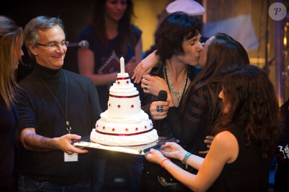 Exclusif - Laurent Petitguillaume, Jean-Luc Lahaye et ses filles Margaux et Gloria  lors du concert de Jean-Luc Lahaye à l'occasion de son 61e anniversaire, au Théâtre Dejazet à Paris, le 23 décembre 2013.