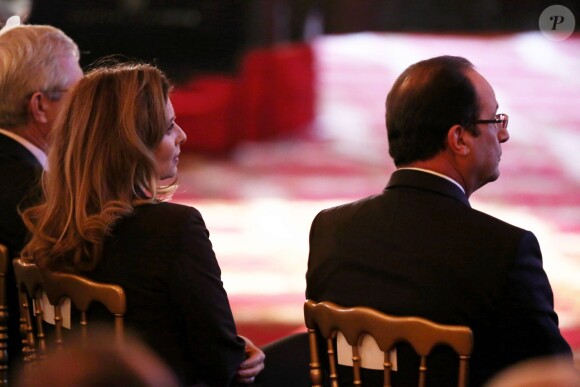 Valérie Trierweiler et Francois Hollande lors de l'allocution du President de la République Francaise, à l'occasion du lancement des Commemorations du Centenaire de la premiere Guerre Mondiale, au Palais de l'Elysee, le 7 Novembre 2013.