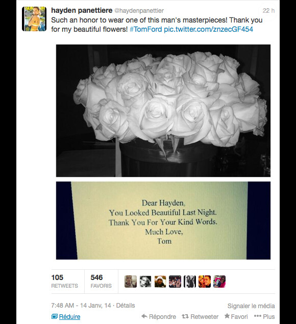 Hayden Panetierre félicitée pour son look des Golden Globes 2014 par le créateur Tom Ford.