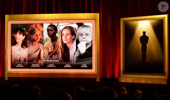 Chris Hemsworth et la présidente de l'Académique Cheryl Boone Isaacs annoncent les nominées aux Oscars 2014 à Beverly Hills, Los Angeles, le 16 janvier 2014.