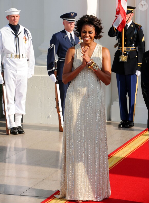 Michelle Obama, ravissante pour recevoir Angela Merkel à la Maison Blanche. Washington, juin 2011.