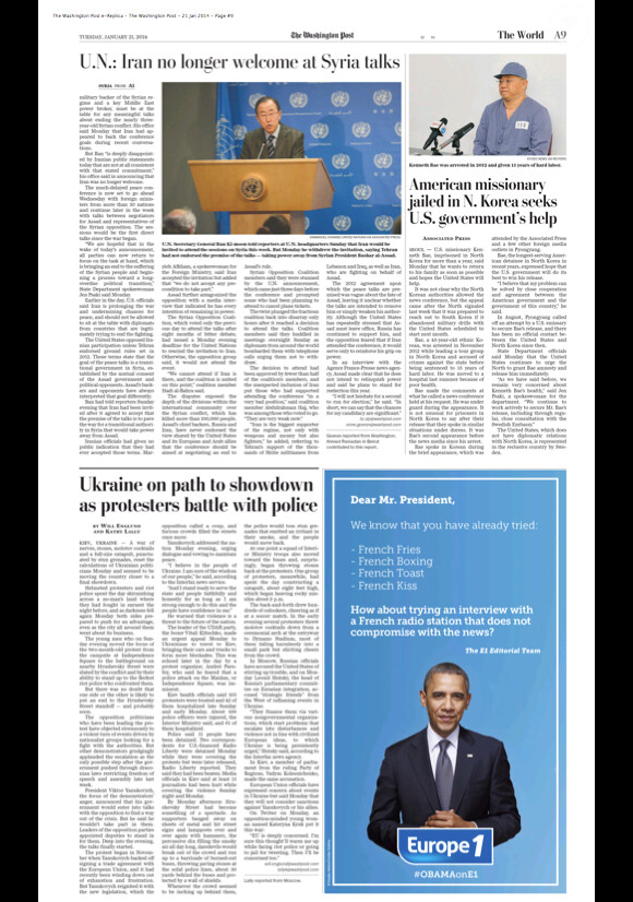 Europe 1 tente de séduire Barack Obama via un encart dans le Washington Post, en janvier 2014