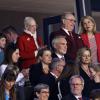 Le prince Felix, la reine Margrethe II et le prince Henrik de Danemark avec le Premier ministre Helle Thorning-Schmidt lors de la finale de l'Euro 2014 de handball entre le Danemark et la France, remportée haut la main (41-32) par les Bleus, le 26 janvier 2014 à Herning.