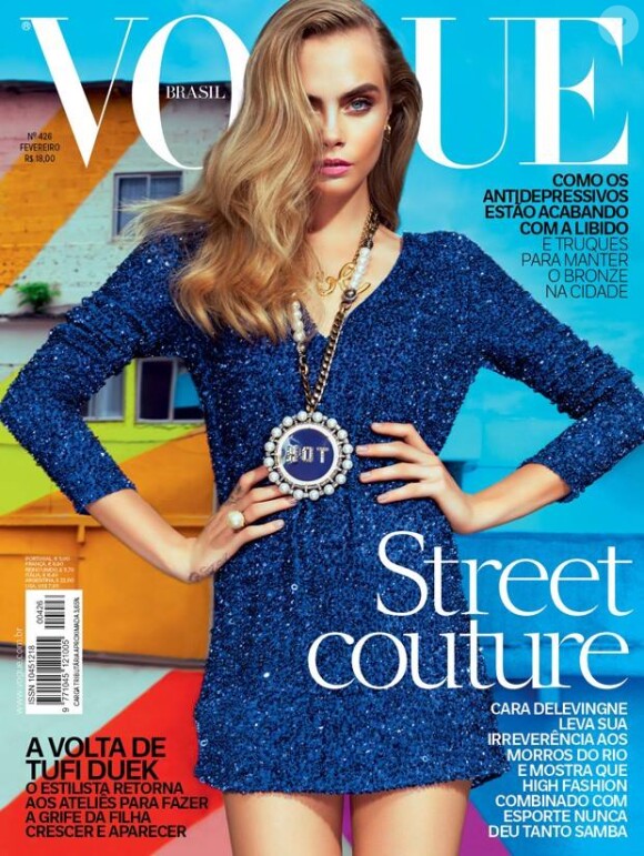 Cara Delevingne, photographiée par Jacques Dequeker en couverture du magazine Vogue Brasil. Février 2014.