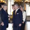 Le roi Philippe de Belgique et la famille royale arrivant pour la cérémonie des voeux du souverain aux corps constitués, le 29 janvier 2014 au palais royal, à Bruxelles.
