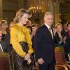 Le roi Philippe de Belgique accompagné de son épouse la reine Mathilde lors de ses voeux aux corps constitués le 29 janvier 2014 au palais royal à Bruxelles.