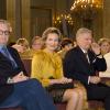 Le roi Philippe de Belgique était entouré de son épouse la reine Mathilde (à sa droite), sa soeur la princesse Astrid (à sa gauche) avec son mari le prince Lorenz, et son frère le prince Laurent (à droite de Mathilde), pour ses voeux aux corps constitués le 29 janvier 2014 au palais royal à Bruxelles.
