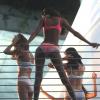 Alessandra Ambrosio, Adriana Lima, Lais Ribeiro et Behati Prinsloo en plein tournage pour Victoria's Secret avec le réalisateur Michael Bay. Miami, le 31 janvier 2014.