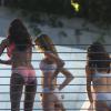 Alessandra Ambrosio, Adriana Lima, Lais Ribeiro et Behati Prinsloo en plein tournage pour Victoria's Secret avec le réalisateur Michael Bay. Miami, le 31 janvier 2014.