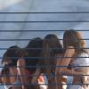 Alessandra Ambrosio, Adriana Lima, Lais Ribeiro et Behati Prinsloo en plein tournage pour Victoria's Secret avec le réalisateur Michael Bay. Miami, le 31 janvier 2014.