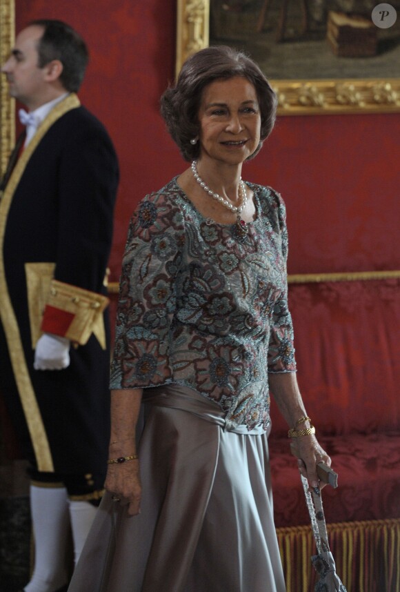 La reine Sofia d'Espagne lors de la réception traditionnelle organisée pour le corps diplomatique, le 5 février 2014 au palais de la Zarzuela, à Madrid.