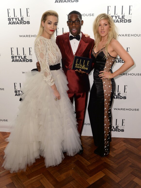 Rita Ora, l'artiste britannique masculin de l'année Tinie Tempah et Ellie Goulding assistent aux Elle Style Awards au One Embankment, à Londres. Le 18 février 2014.