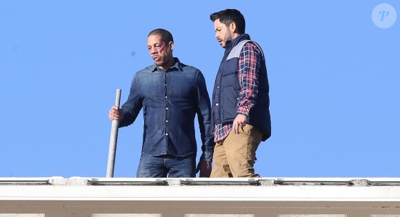 Exclusif - JoeyStarr et Manu Payet sur le tournage du film policier "36 Heures à tuer", à Cannes, sur le toit du Grand Hôtel, le 11 février 2014