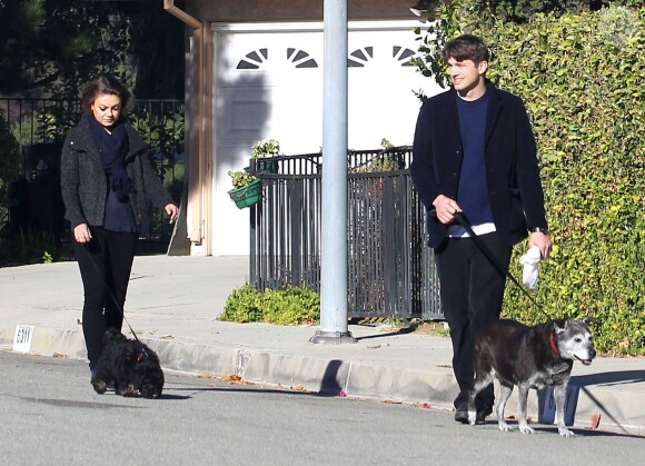 Ashton Kutcher et sa petite amie Mila Kunis promènent leurs chiens de bon matin à Los Angeles, le 13 janvier 2014.