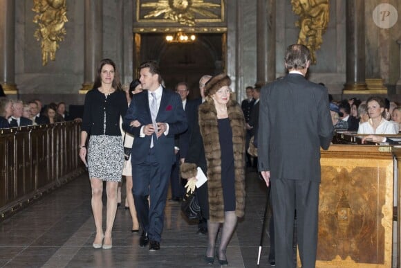 Maline et Patrick Sommerlath arrivant avec Marianne Bernadotte à la chapelle royale du palais Drottningholm, à Stockholm, le 2 mars 2014, lors d'une messe pour la naissance de la princesse Leonore, fille de la princesse Madeleine et de Chris O'Neill qui a vu le jour le 20 février à New York.