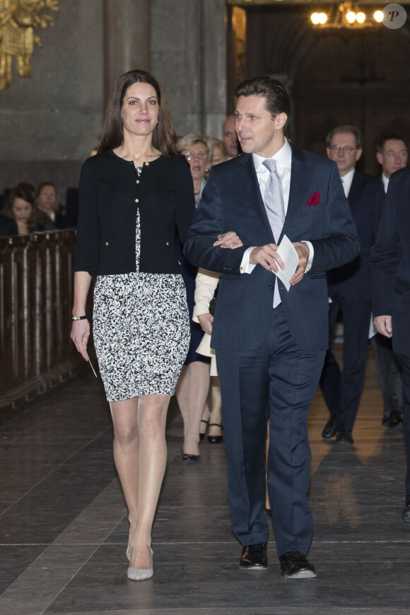 Maline et Patrick Sommerlath à la chapelle royale du palais Drottningholm, à Stockholm, le 2 mars 2014, lors d'une messe pour la naissance de la princesse Leonore, fille de la princesse Madeleine et de Chris O'Neill qui a vu le jour le 20 février à New York.