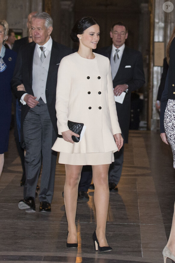 Sofia Hellqvist, compagne du prince Carl Philip de Suède à la chapelle royale du palais Drottningholm, à Stockholm, le 2 mars 2014, lors d'une messe pour la naissance de la princesse Leonore, fille de la princesse Madeleine et de Chris O'Neill qui a vu le jour le 20 février à New York.