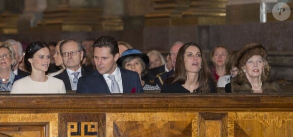 Sofia Hellqvist, Patrick Somerlath, Maline Somerlath et Marianne Bernadotte à la chapelle du palais royal à Stockholm le 2 mars 2014 pour la messe d'action de grâce en l'honneur de la naissance de la princesse Leonore, fille de la princesse Madeleine et de Chris O'Neill.