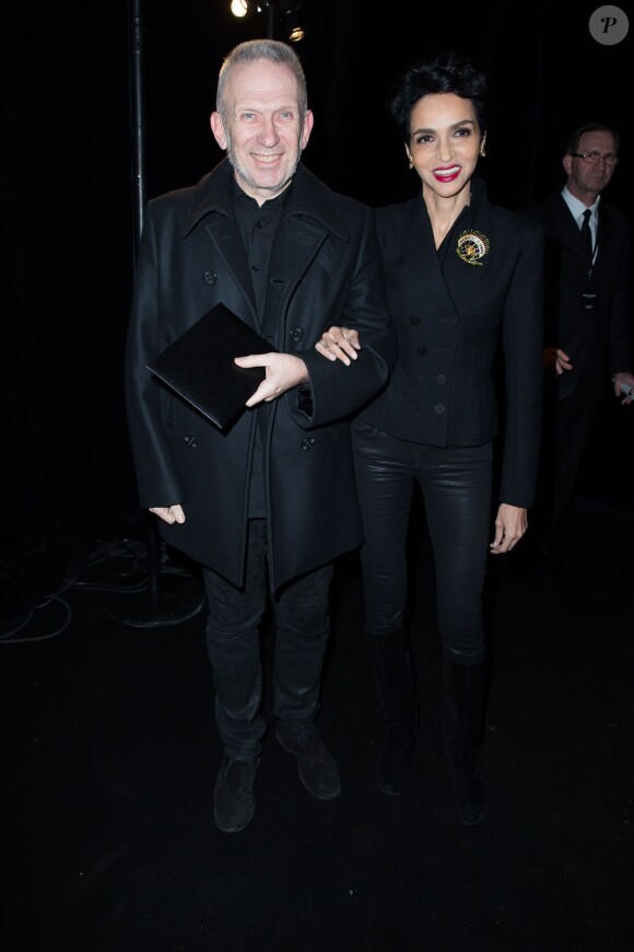 Jean Paul Gaultier et Farida Khelfa arrivent au Carreau du Temple pour assister au défilé Saint Laurent Paris le 3 mars 2014.