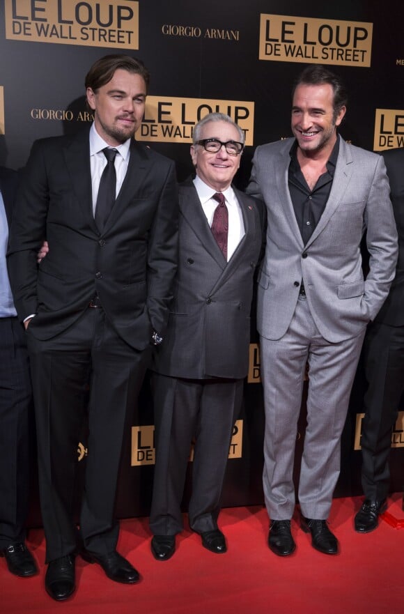 Leonardo DiCaprio, Martin Scorsese et Jean Dujardin lors de l'avant-première mondiale du film "Le loup de Wall Street" à Paris, le 9 décembre 2013