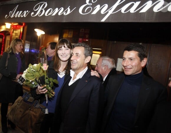 Exclusif - Nicolas Sarkozy et sa femme Carla Bruni sont allés dîner au restaurant "Aux Bons Enfants" à Cannes pour fêter la Saint Valentin, après le concert de Carla Bruni au palais des festivals à Cannes. Le couple était accompagné du président du conseil général des Alpes-Maritimes Éric Ciotti et du député David Lisnard. Le 14 février 2014