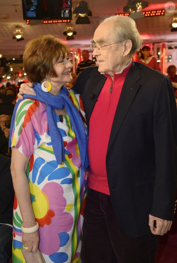 Macha Méril et son compagnon Michel Legrand - Enregistrement de l'émission "Vivement dimanche" à Paris le 5 mars 2014, diffusion le 9 mars.