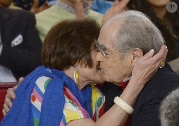 Macha Méril et son compagnon Michel Legrand - Enregistrement de l'émission "Vivement dimanche" à Paris le 5 mars 2014, diffusion le 9 mars.