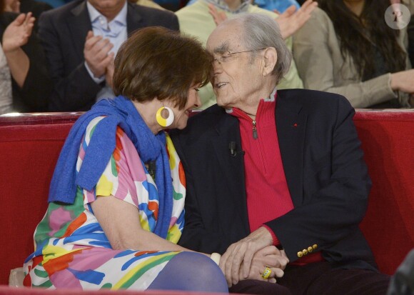Macha Méril et son compagnon Michel Legrand - Enregistrement de l'émission "Vivement dimanche" à Paris le 5 mars 2014, diffusion le 9 mars.