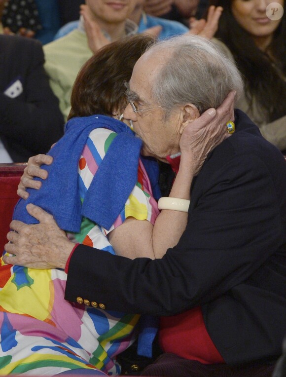 Macha Méril et son compagnon Michel Legrand - Enregistrement de l'émission "Vivement dimanche" à Paris le 5 mars 2014, diffusion le 9 mars.