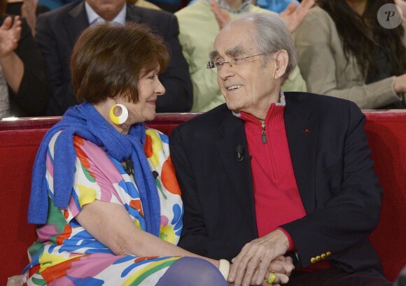 Macha Méril et son compagnon Michel Legrand - Enregistrement de l'émission "Vivement dimanche" à Paris le 5 mars 2014, diffusion le 9 mars.