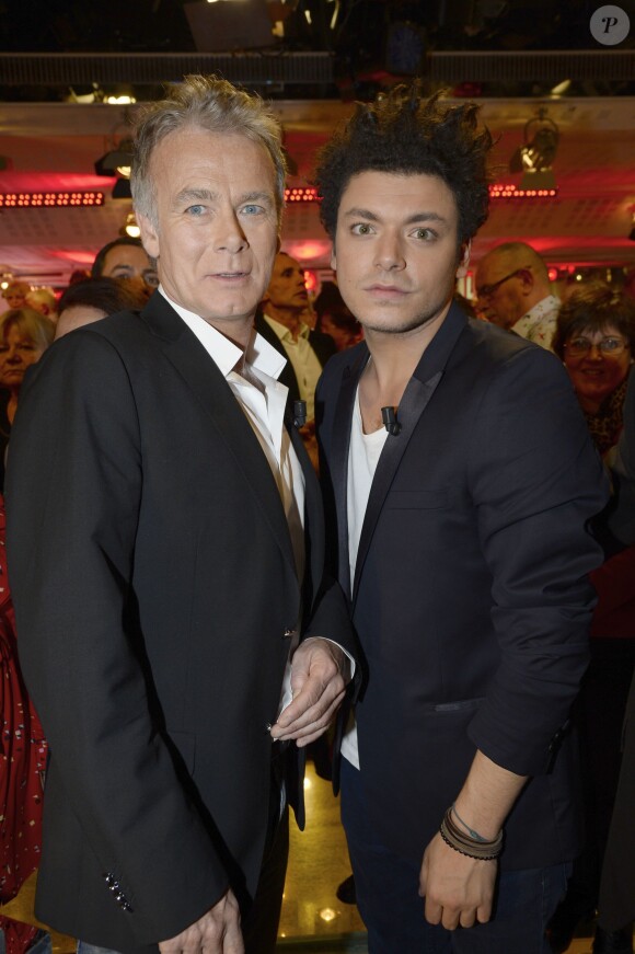 Franck Dubosc et Kev Adams lors de l'enregistrement de l'émission "Vivement dimanche" à Paris le 5 mars 2014.