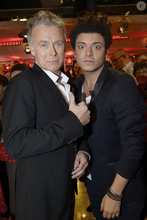 Franck Dubosc et Kev Adams lors de l'enregistrement de l'émission "Vivement dimanche" à Paris le 5 mars 2014.