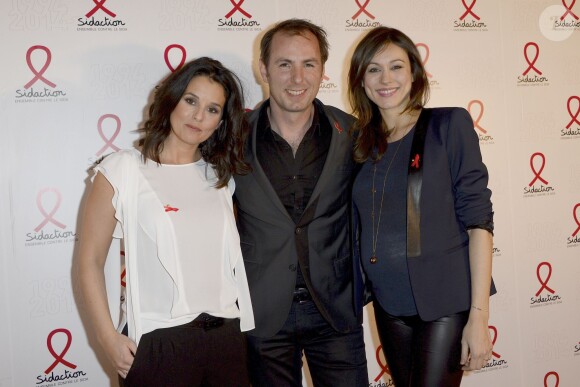 Faustine Bollaert, Jean-Philippe Doux et Marie-Ange Casalta, enceinte, lors de la soirée de lancement de la campagne 2014 du Sidaction au Musée du Quai Branly à Paris, le 10 mars 2014.