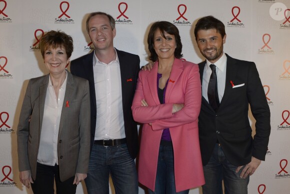 Catherine Laborde, Julien Arnaud, Carole Rousseau et Christophe Beaugrand lors de la soirée de lancement de la campagne 2014 du Sidaction au Musée du Quai Branly à Paris, le 10 mars 2014.