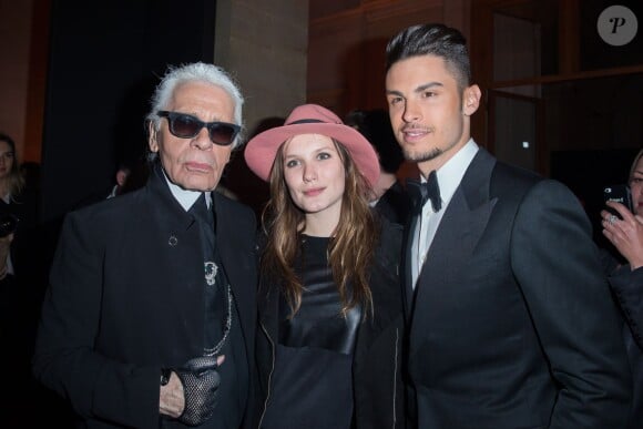 Karl Lagerfeld, Ana Girardot et Baptiste Giabiconi - Lancement du parfum Karl Lagerfeld au Palais Brongniart à Paris, le 11 mars 2014.
