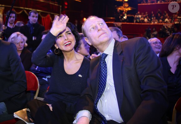 Rachida Dati et Philippe Goujon lors du dernier grand meeting de campagne de Nathalie Kosciusko-Morizet pour les municipales à Paris le 19 mars 2014.