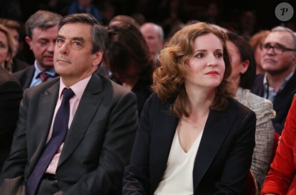 François Fillon, Nathalie Kosciusko-Morizet lors du dernier grand meeting de campagne de Nathalie Kosciusko-Morizet pour les municipales à Paris le 19 mars 2014.