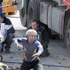 Aaron Taylor-Johnson (Pietro Maximoff/Quicksilver) en action sur le tournage d'Avengers 2, à Aoste, Italie, le 24 mars 2014.