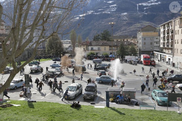 Ambiance sur le tournage d'Avengers 2, à Aoste, Italie, le 24 mars 2014.