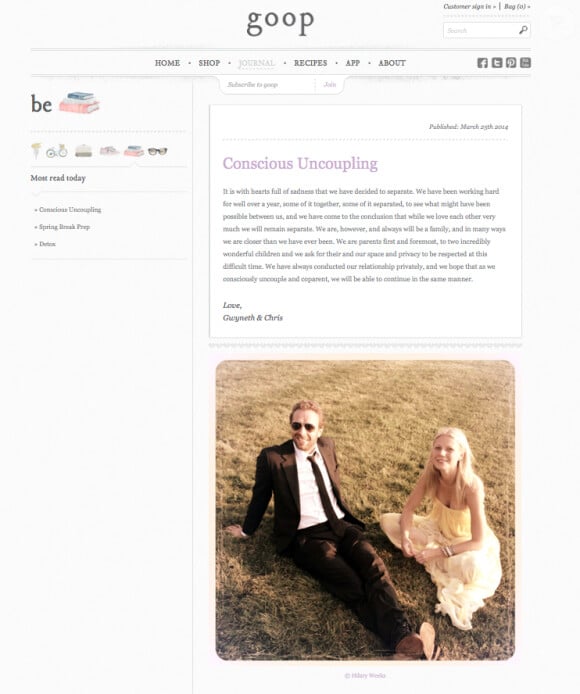 Gwyneth Paltrow et Chris Martin ont annoncé officiellement leur rupture sur le site de l'actrice, Goop.com, le 25 mars 2014. Le court communiqué est accompagné d'une très belle photo du couple signée Hilary Weeks.