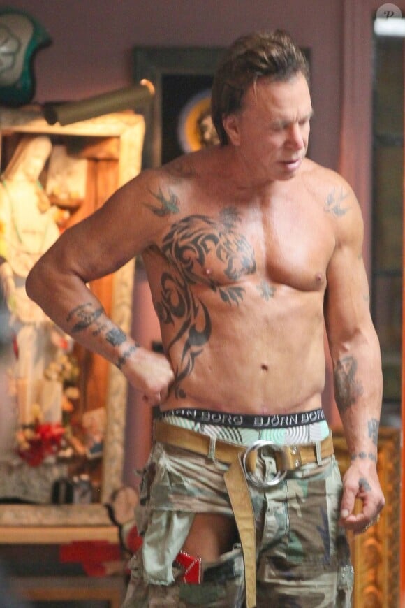 Actor Mickey Rourke stopped at the legendary 'Shamrock Tattoo' in Weho to get some work added to his tattoo collection in West Hollywood, Los Angeles, CA, USA on March 8, 2014. Photo by GSI/ABACAPRESS.COM09/03/2014 - Los Angeles