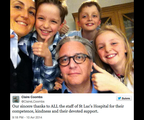 Le prince Laurent de Belgique, après trois semaines d'hospitalisation aux Cliniques universitaires Saint-Luc à Bruxelles, a regagné son domicile le mardi 8 avril 2014. Son épouse Claire a réalisé et posté sur Twitter un selfie familial pour remercier le personnel médical de l'hôpital.