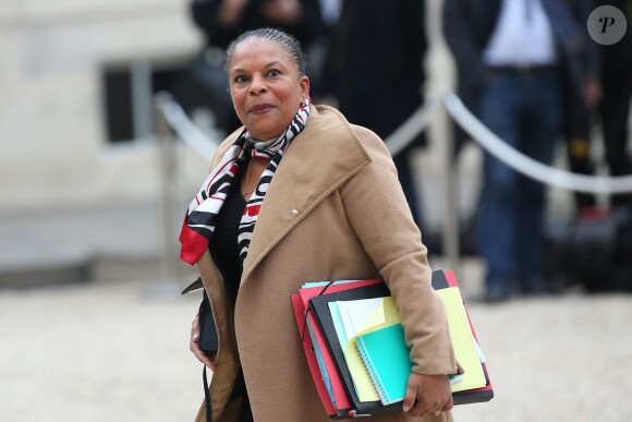Christiane Taubira (ministre de la Justice) - Sortie du Conseil des Ministres au Palais de l'Elysée à Paris. Le 9 avril 2014.