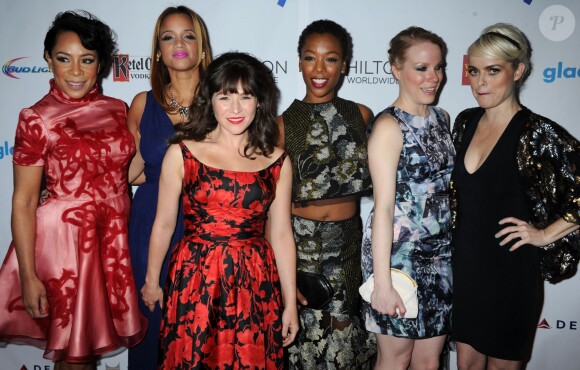 Yael Stone, Dascha Polanco, Selenis Leyva, Samira Wiley, Emma Myles et Taryn Manning (Orange is The New Black) - 25e cérémonie des GLAAD Media Awards au Waldorf Astoria à New York, le 3 mai 2014.