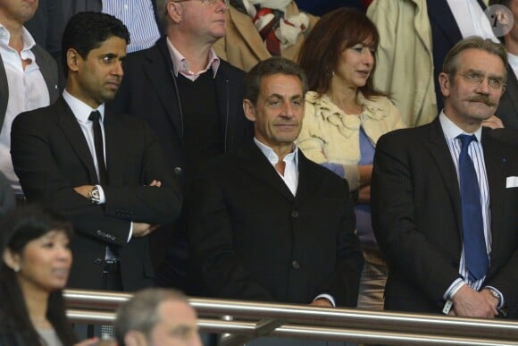 Nicolas Sarkozy au côté de Nasser al-Khelaïfi et Frédéric Thiriez lors du match du PSG perdu face à Rennes (2-1), le 7 mai 2014 au Parc des Princes à Paris