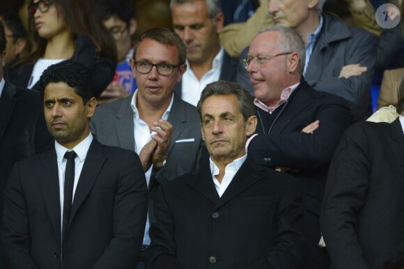 Nicolas Sarkozy et Nasser al-Khelaïfi lors du match du PSG perdu face à Rennes (2-1), le 7 mai 2014 au Parc des Princes à Paris