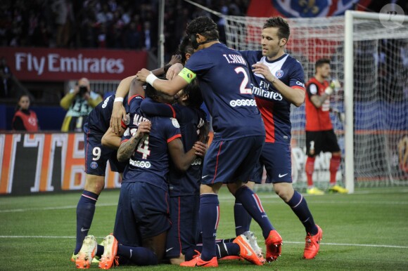 Ezequiel Lavezzi et ses partenaires lors du match du PSG perdu face à Rennes (2-1), le 7 mai 2014 au Parc des Princes à Paris